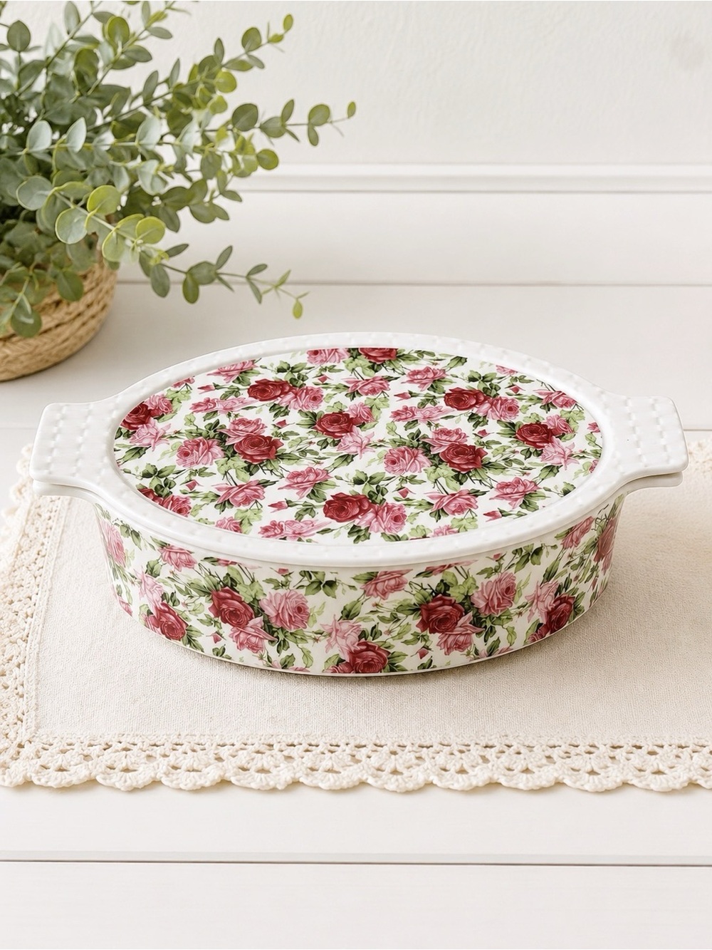 Graces Pantry Rose Floral Porcelain Baking Dish with Lid Oven Microwave Dishwash